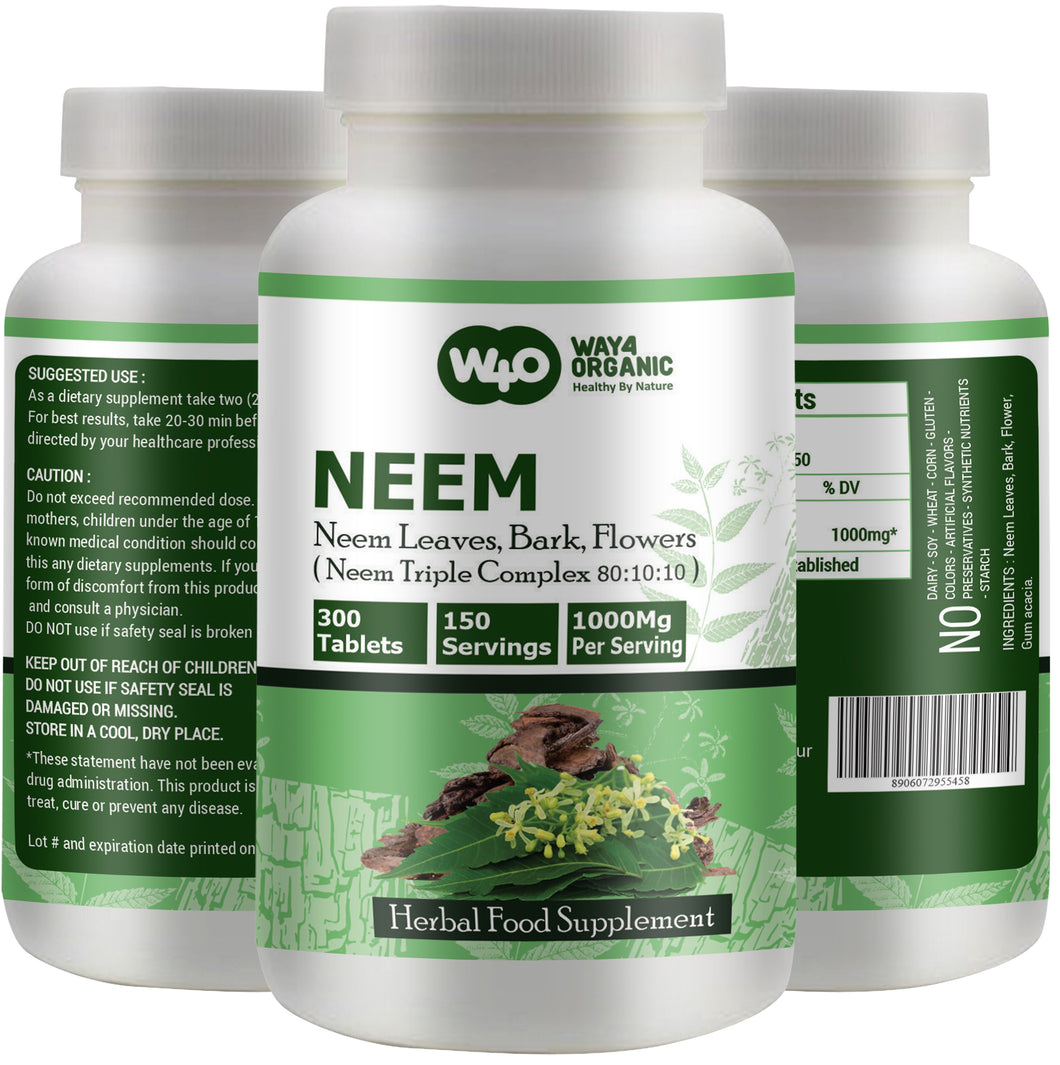 Neem Triple Complex - High-Potency Azadirachta Indica Tablets, Neem Leaves, Bark, Flowers in Ratio (80:10:10) - 300 Tablets, 150 Serving, 1000 Mg