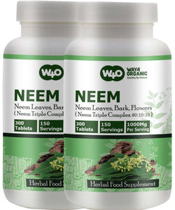 Neem Triple Complex - High-Potency Azadirachta Indica Tablets, Neem Leaves, Bark, Flowers in Ratio (80:10:10) - 300 Tablets, 150 Serving, 1000 Mg